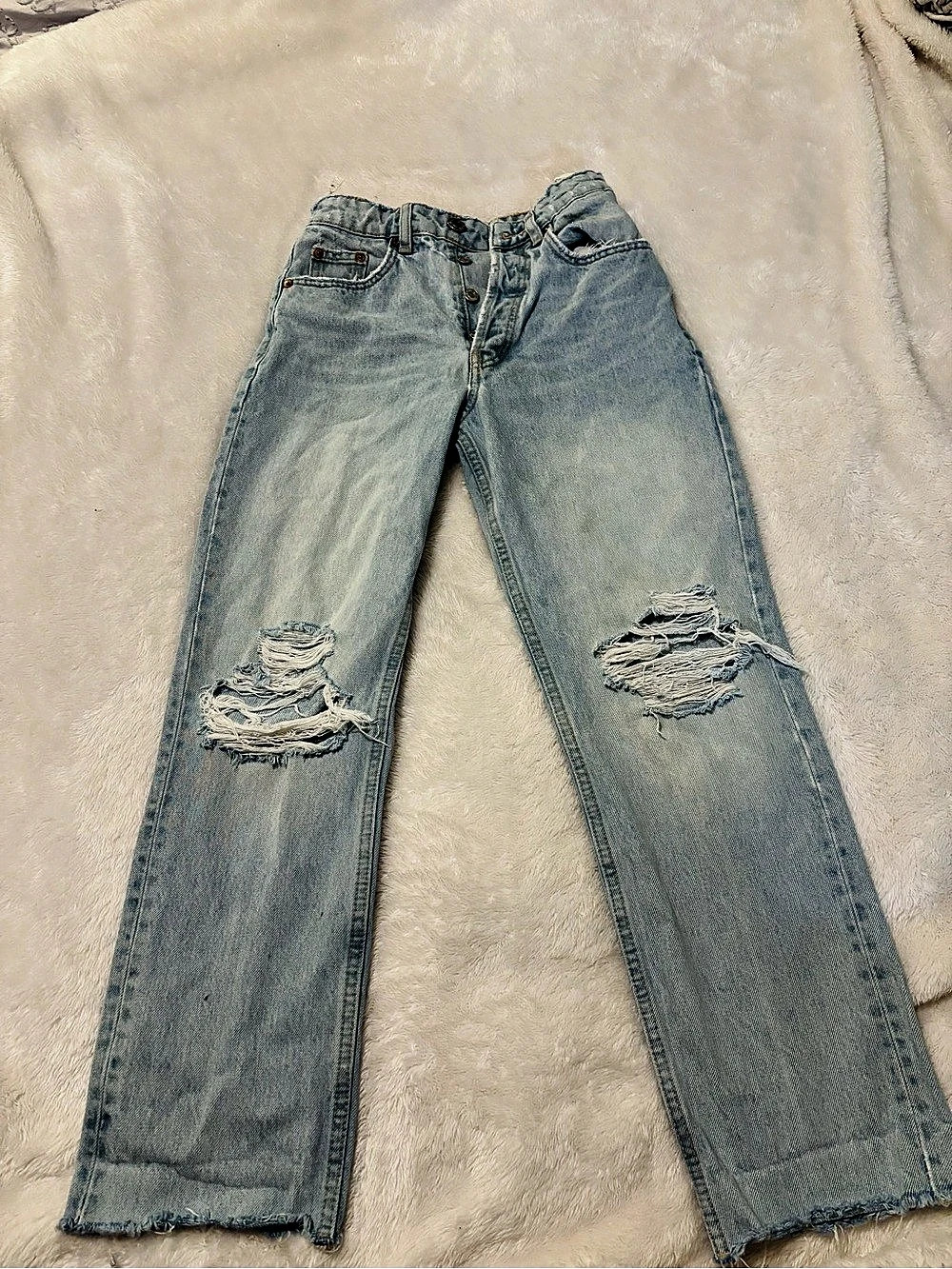 Zara Distressed Straight Leg Jeans Blue Waist 32